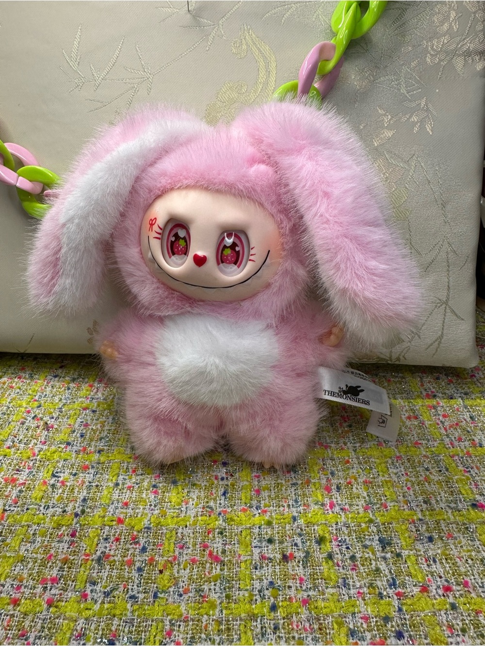 Pink & White Fluffy Labubu Bunny Keychain